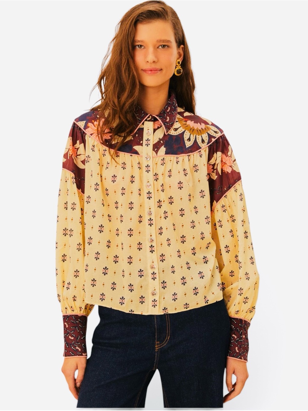 Anthropologie FARM Rio Ainika blouse features 70s-inspired floral print yolk/cuf